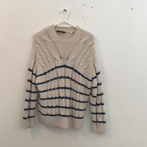 Sweater blue/white stripe women M/L cable knit coastal nautical fisherman cozy